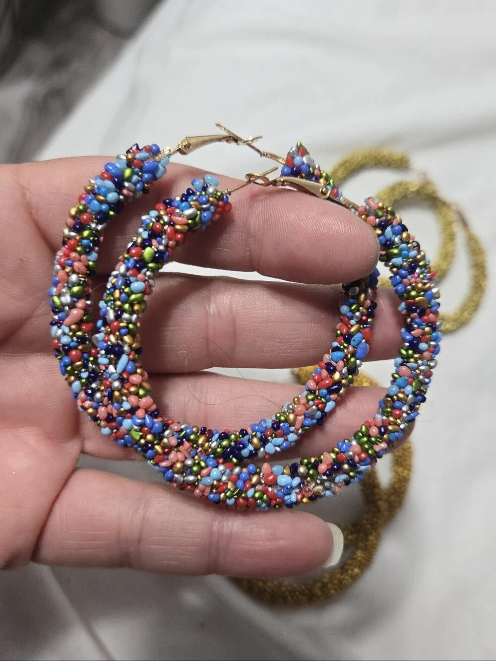 Set Of 4 Large Hoop Beaded Earrings Silver, Gold, Multicolor, Bronze